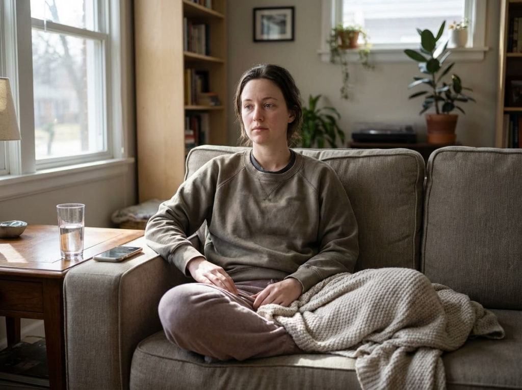 Woman sitting on couch after GLP-1 treatment