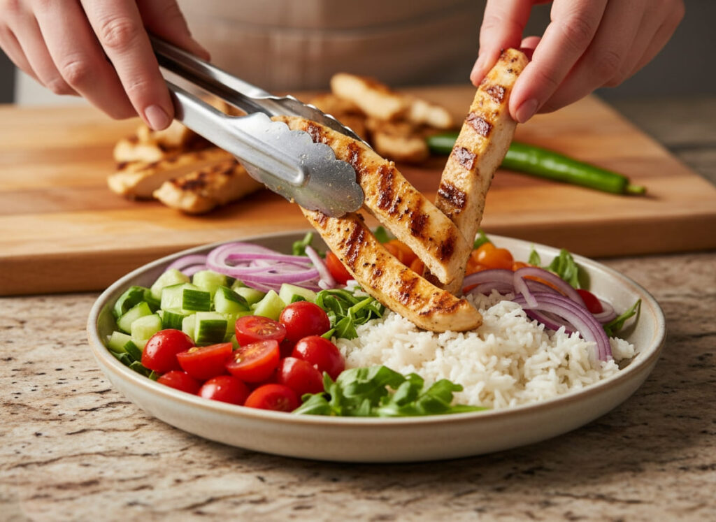 Greek chicken bowl with tzatziki plated