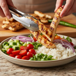 Greek chicken bowl with tzatziki plated