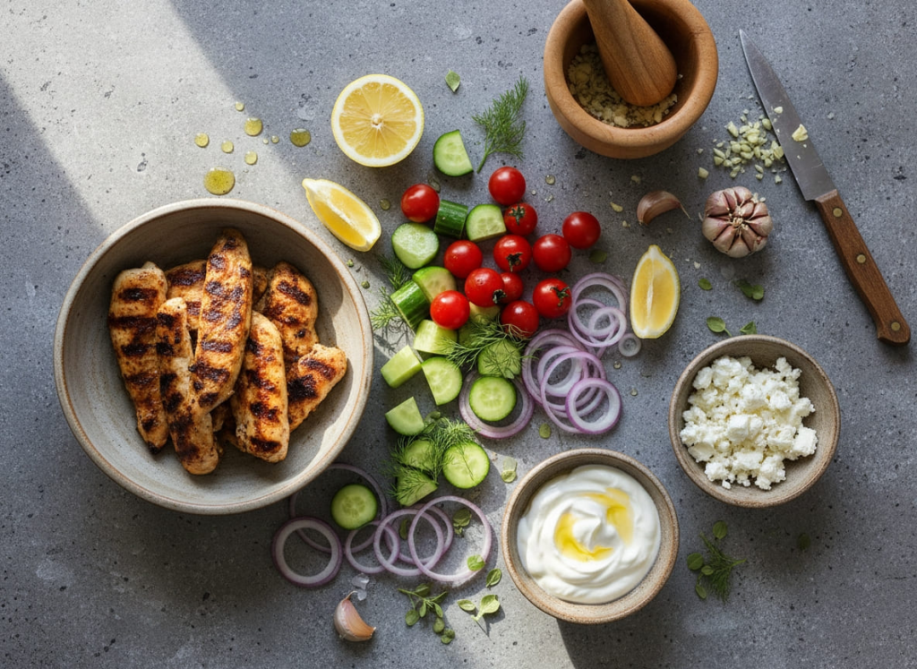 Ingredients for Greek chicken bowl with tzatziki recipe for GLP-1 users
