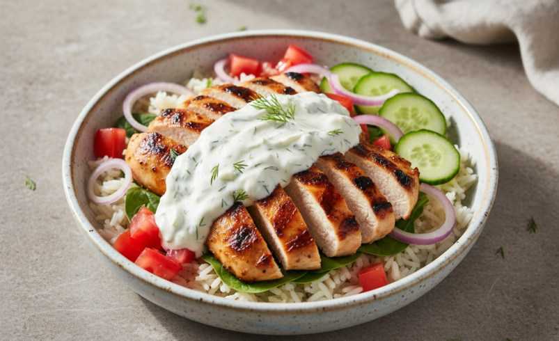 Greek chicken bowl with tzatziki