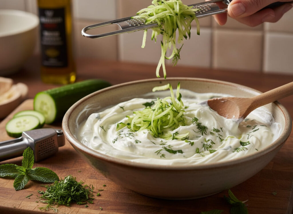 Tzatziki being prepared