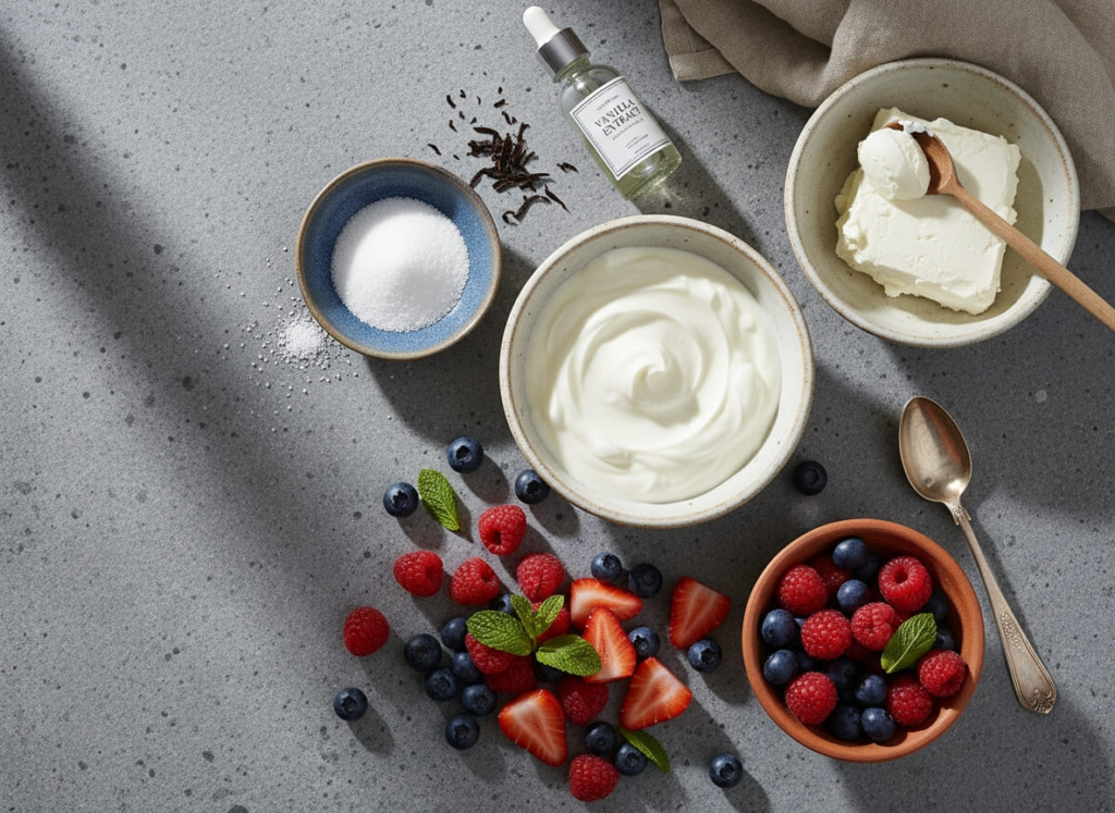 Ingredients for Greek yogurt cheesecake GLP-1 desserts