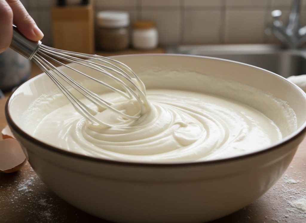 Mixing Greek yogurt cheesecake batter for GLP-1 dessert recipe