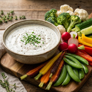 Greek yogurt ranch dip with veggies on counter