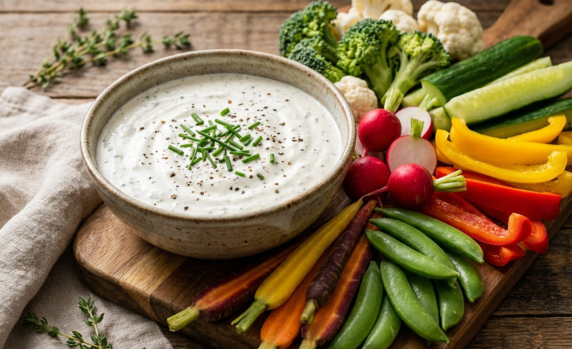 Greek yogurt ranch dip with veggies on counter