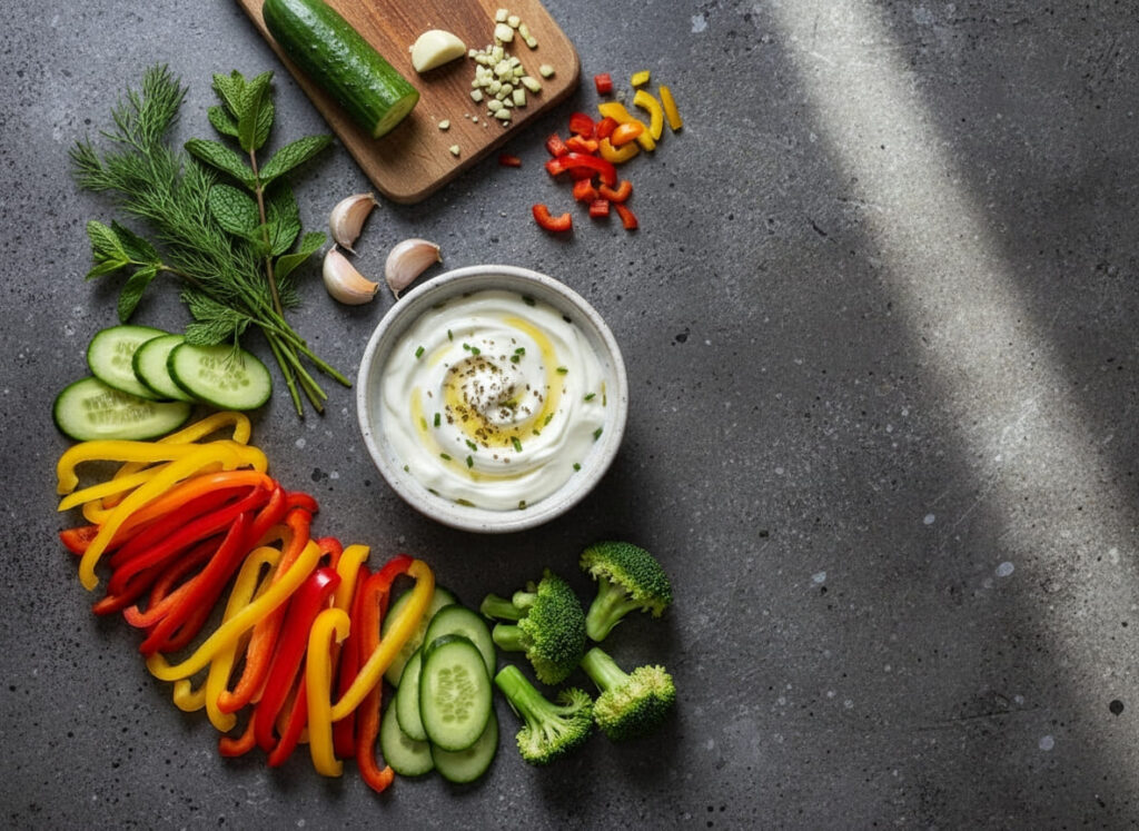 Ingredients for Greek yogurt ranch dip for GLP-1 snack