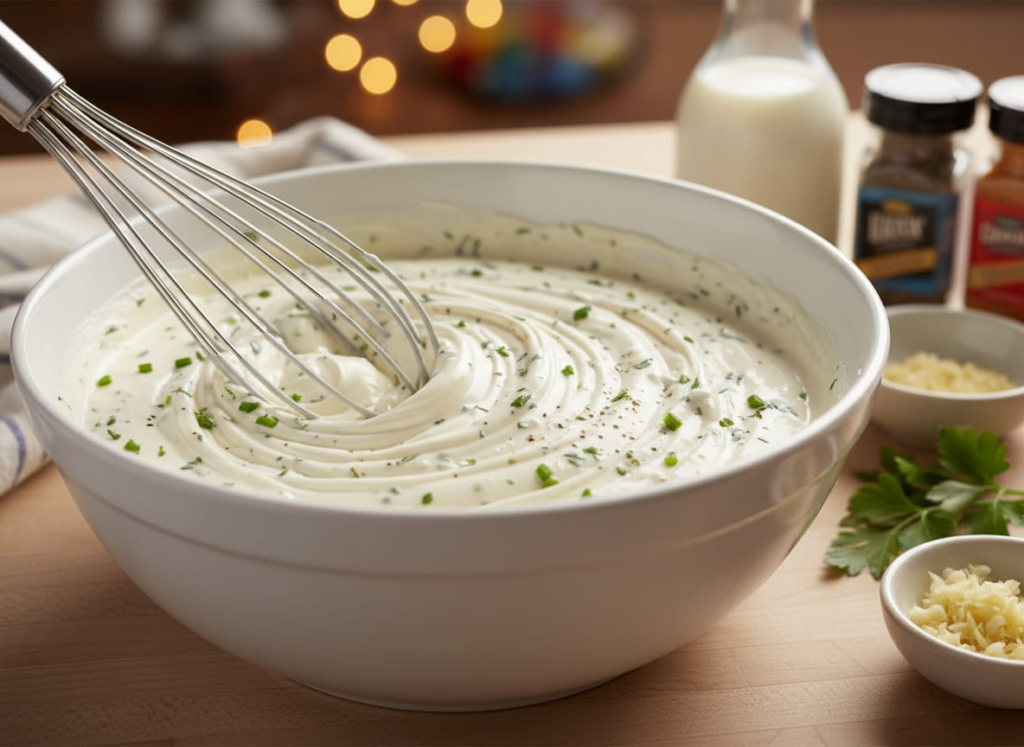 Greek yogurt ranch dip in mixing bowl with whisk