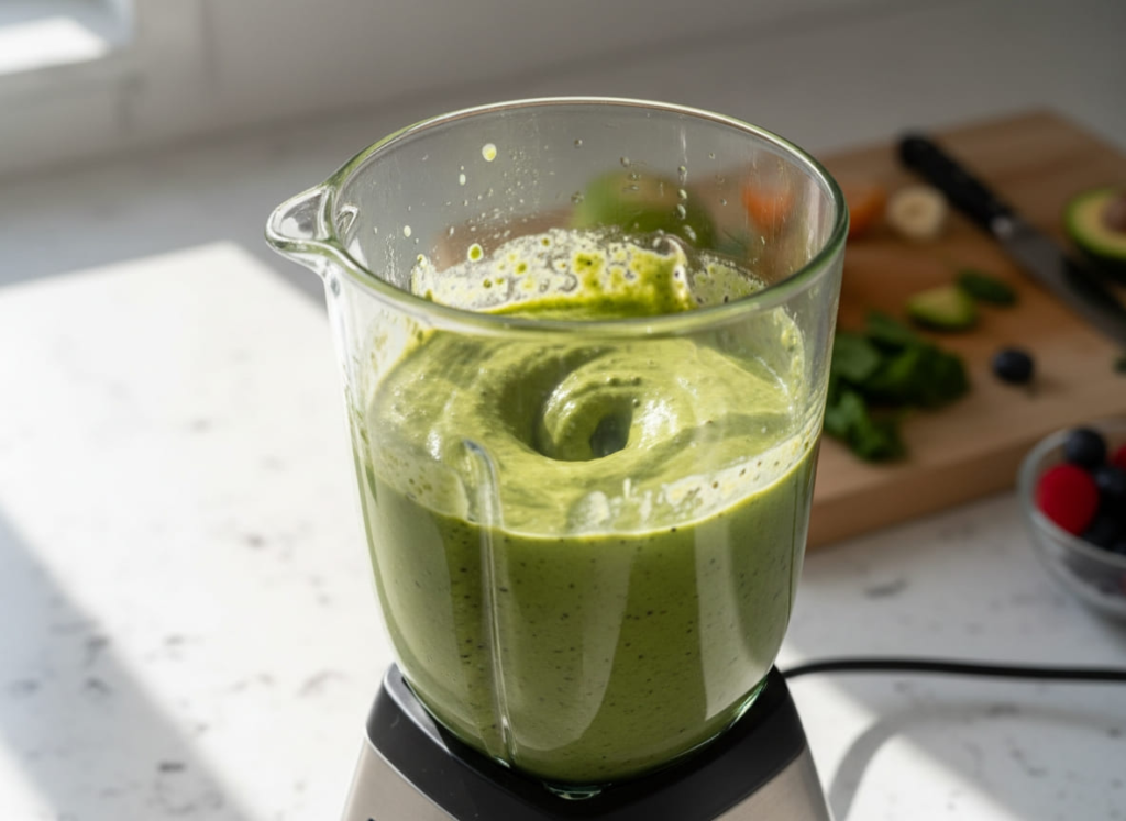 Green smoothie with pineapple in a blender
