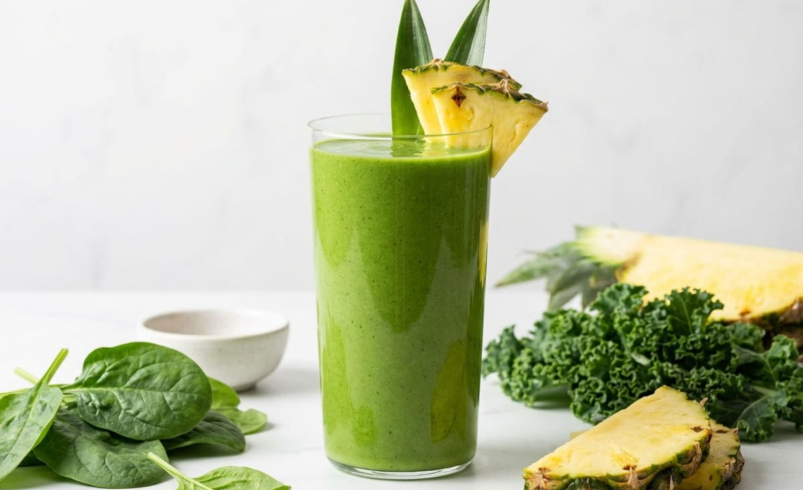 Green and pineapple smoothie in glass for GLP-1 diet
