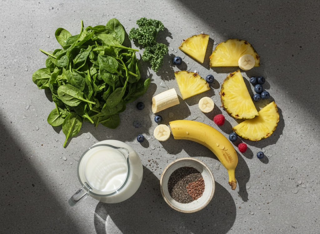 Ingredients for green smoothie with pineapple for GLP-1 diet