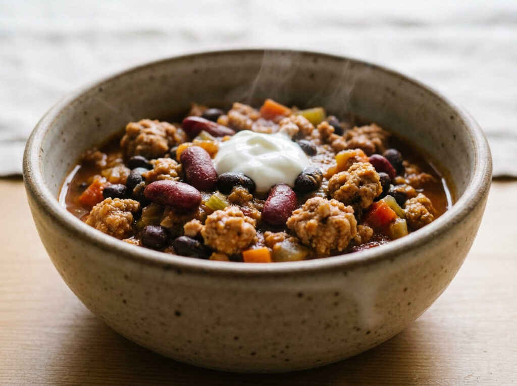 GLP-1 friendly turkey chili in bowl