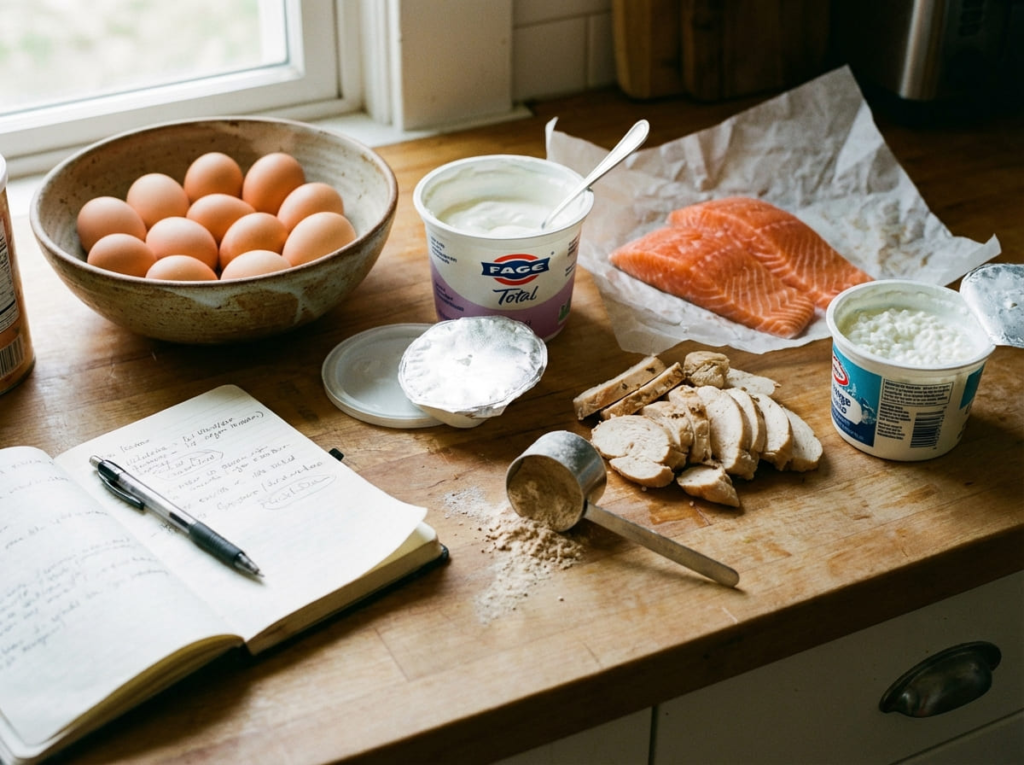 High protein foods on table for meeting GLP-1 diet requirements