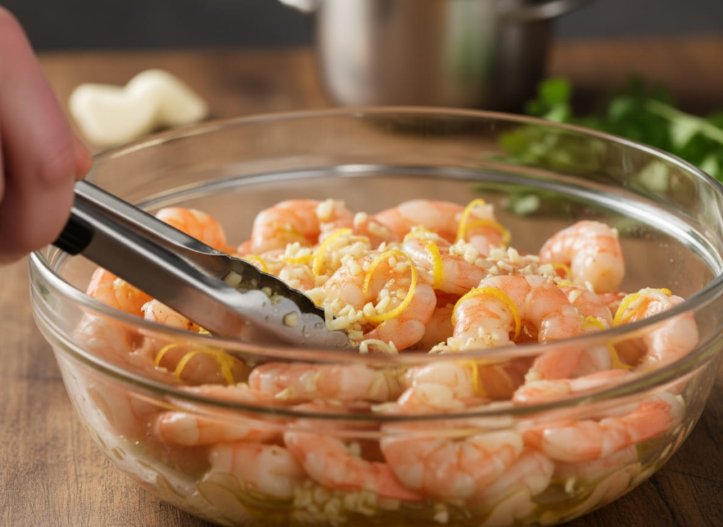 Prepping shrimp in bowl