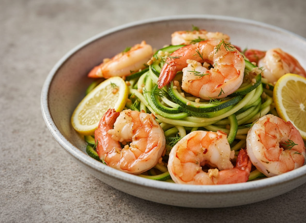 Lemon garlic shrimp zucchini noodles for GLP-1 diet served in bowl