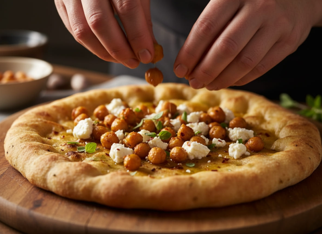 Mediterranean chickpeas flatbread prep