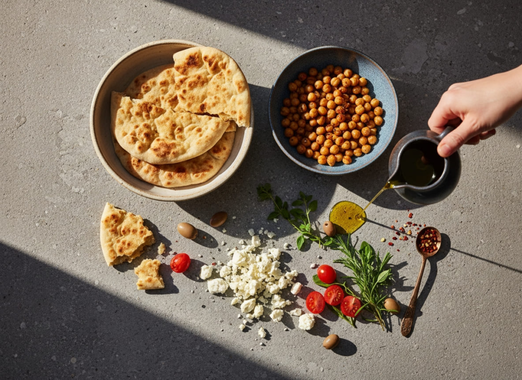 Ingredients for GLP-1 friendly Mediterranean chickpea and feta flatbread