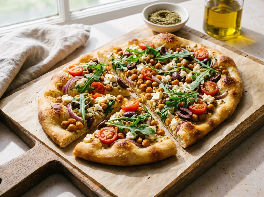 GLP-1 friendly Mediterranean chickpeas feta flatbread on a plate