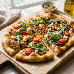 GLP-1 friendly Mediterranean chickpeas feta flatbread on a plate