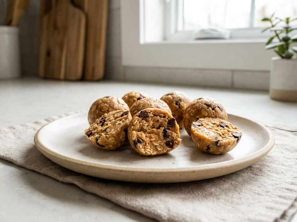 No bake peanut butter balls on a plate