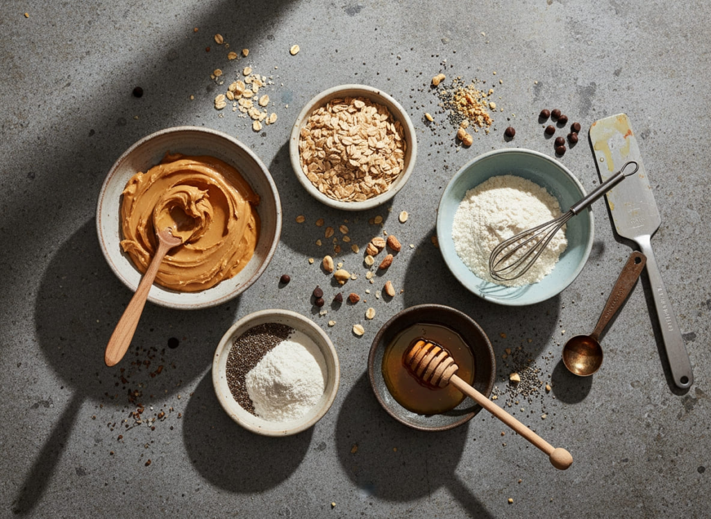 Ingredients for no bake peanut butter protein balls recipe