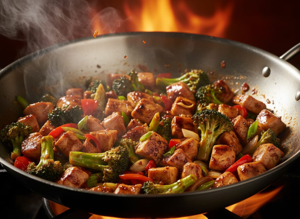 Cooking chicken broccoli stir fry in pan