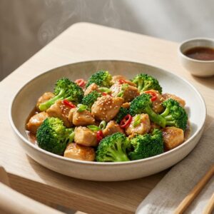 Plate of chicken and broccoli stir fry recipe for GLP-1 dinner