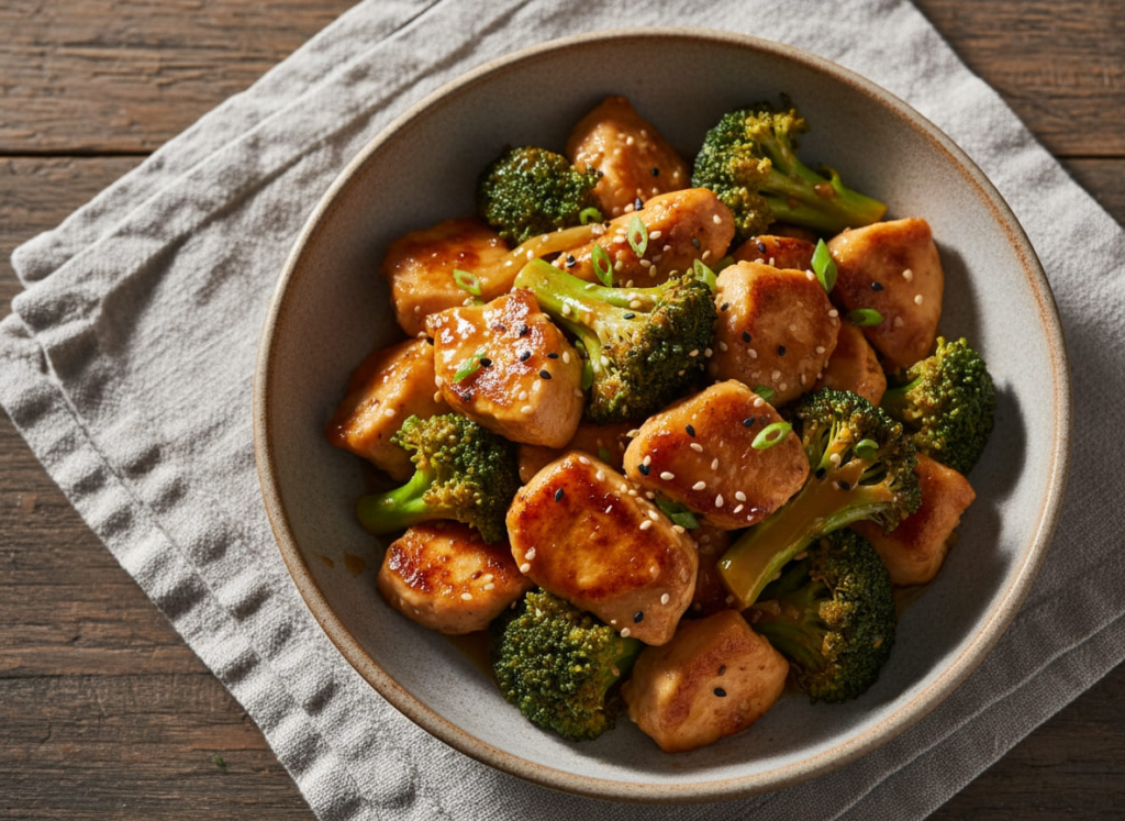 Bowl of chicken and broccoli stir fry for GLP-1 dinner