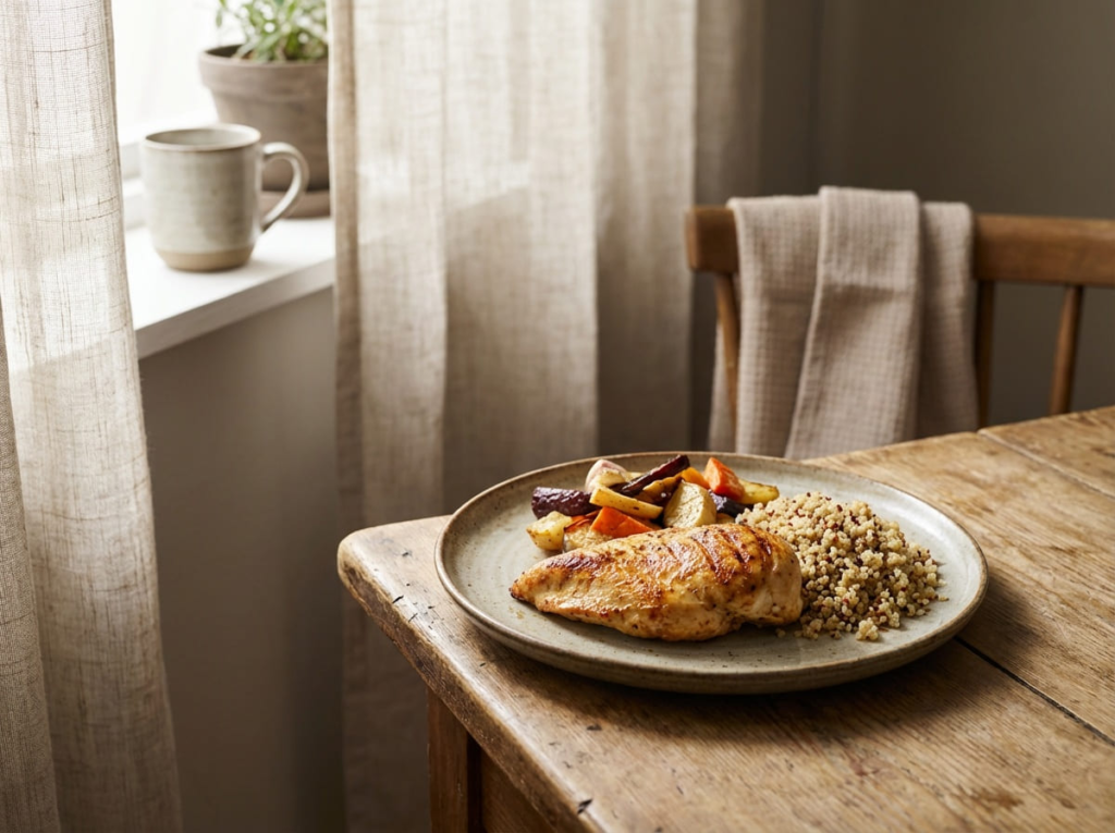 Plate of chicken and healthy proteins for GLP-1 diet