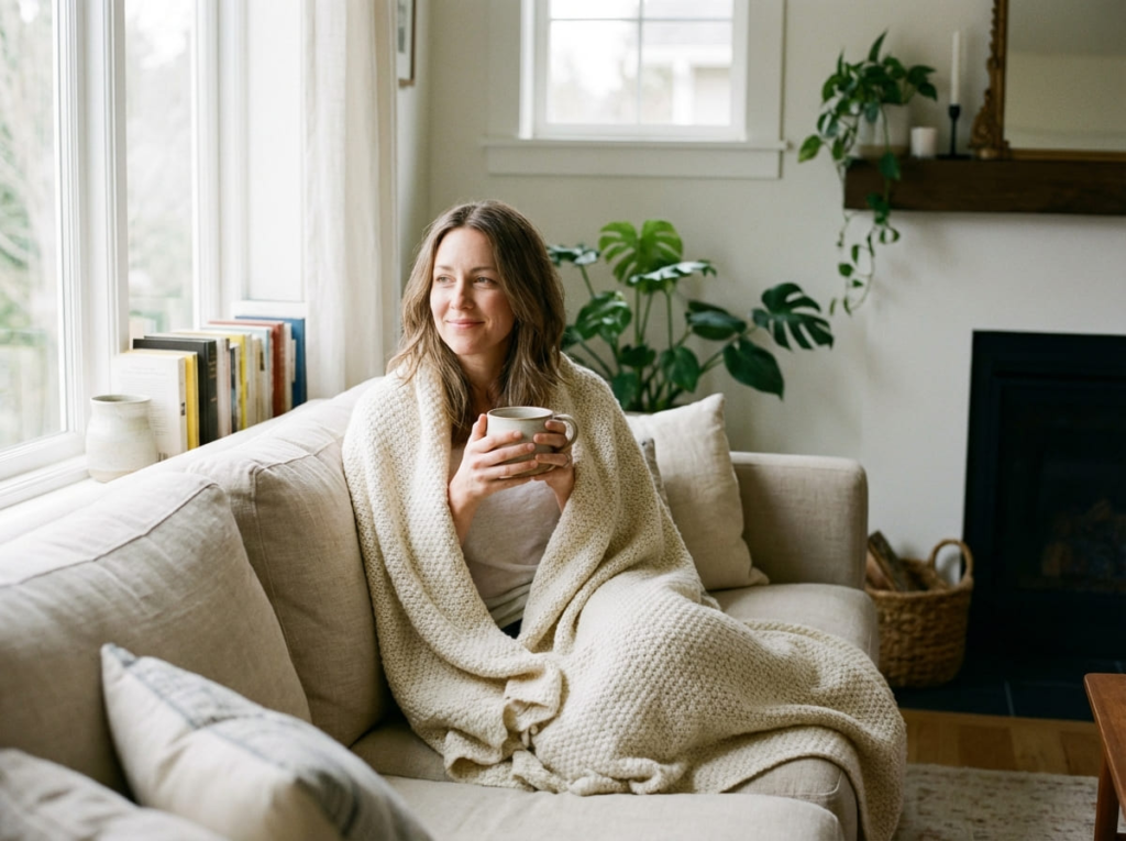 Woman sitting up on couch