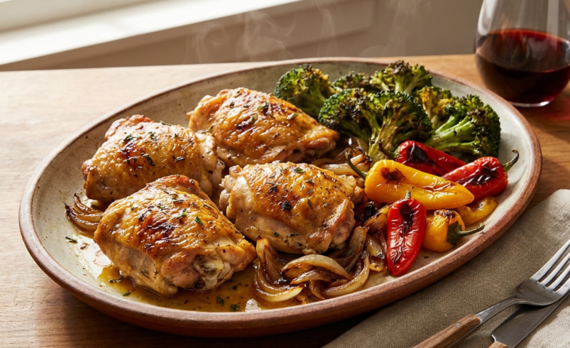 Sheet pan chicken for GLP-1 diets plated on a platter