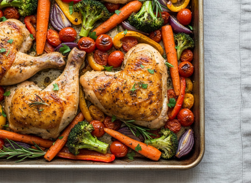 Sheet pan chicken with roasted vegetables in pan for GLP-1 dinner