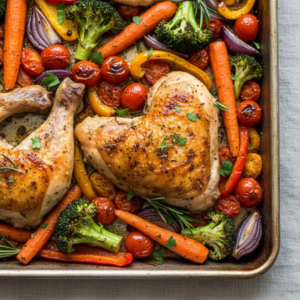 Sheet pan chicken with roasted vegetables in pan for GLP-1 dinner