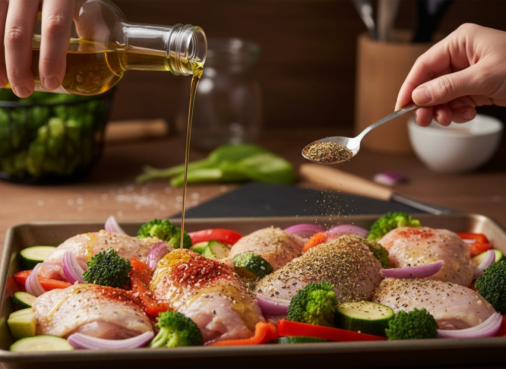 Prepping sheet pan chicken for GLP-1 dinner recipe