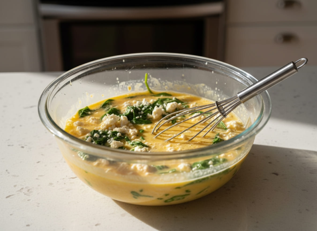 Mixing bowl of spinach feta egg muffins