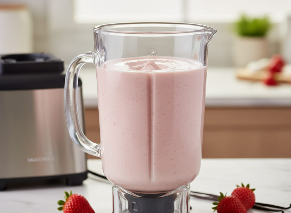 Strawberry vanilla protein smoothie in a blender