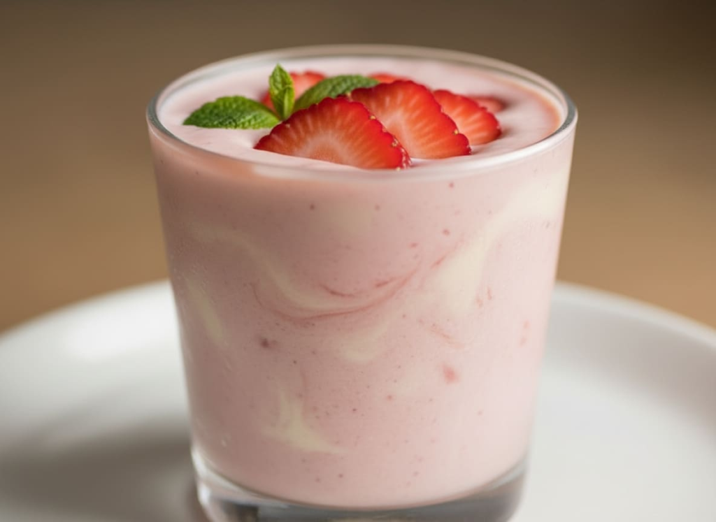Strawberry vanilla protein smoothie recipe in a glass
