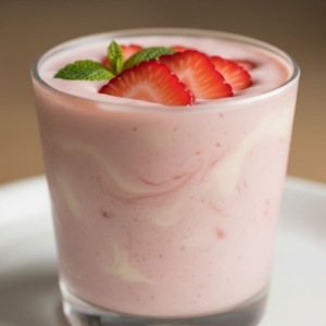 Strawberry vanilla protein smoothie recipe in a glass