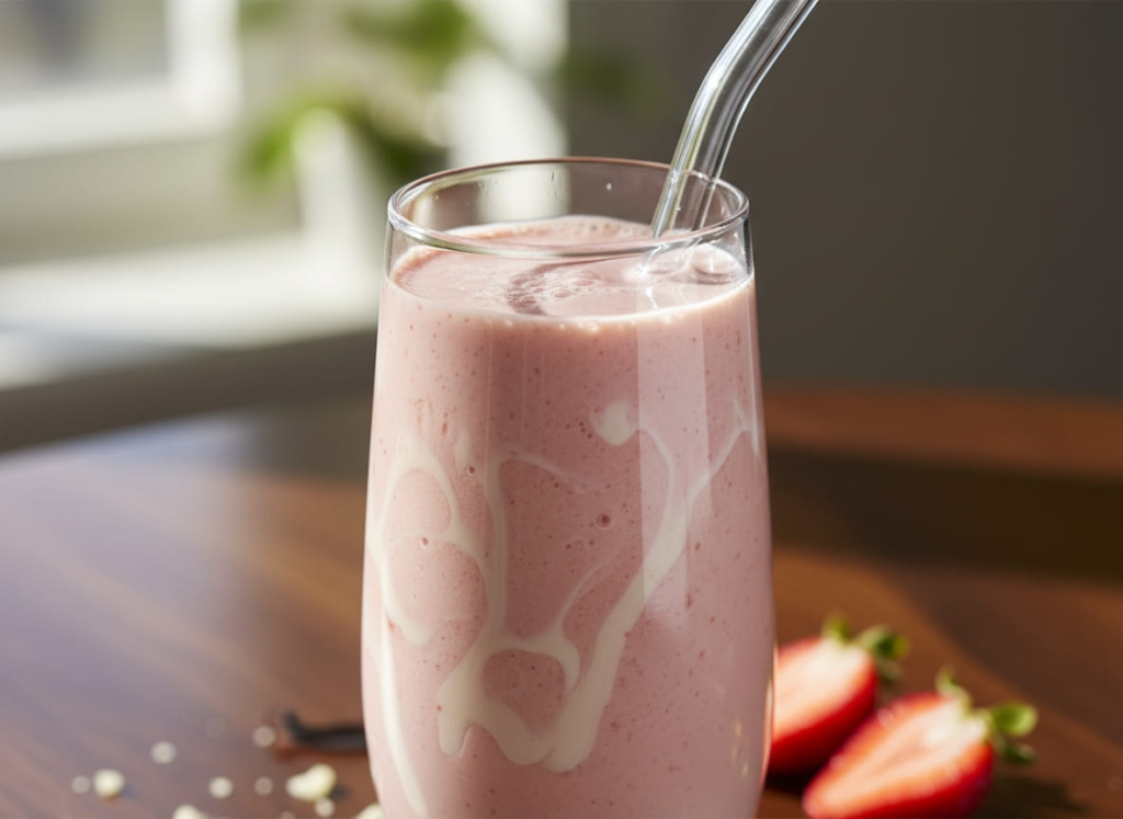 Strawberry vanilla protein smoothie in a glass with a straw