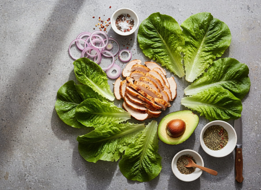 Ingredients for GLP-1 friendly lunch of turkey avocado lettuce wraps