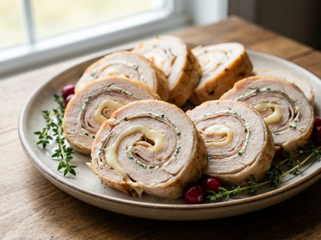 Turkey cheese roll-ups on a plate