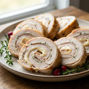Turkey cheese roll-ups on a plate
