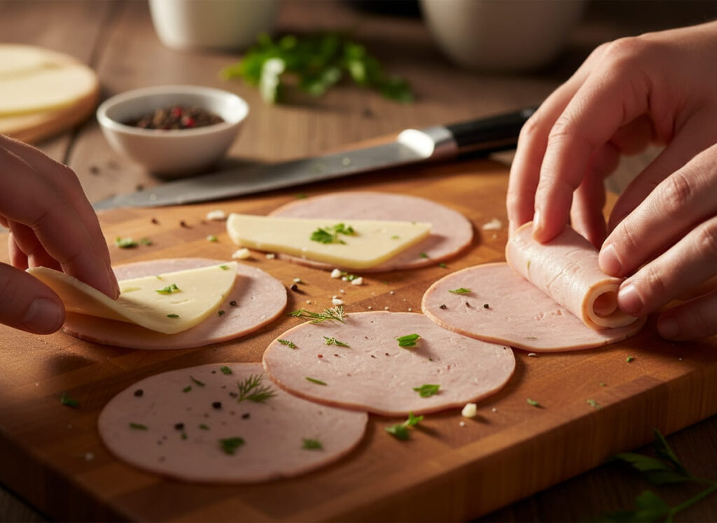 Assembling turkey and cheese roll-ups