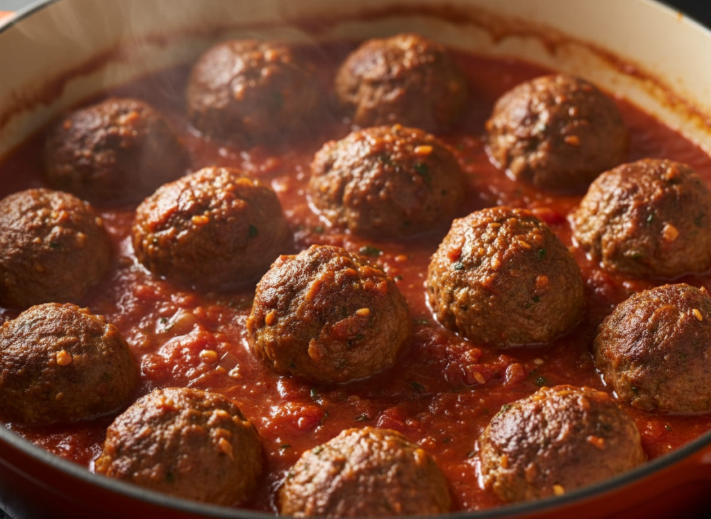 Turkey meatballs simmering in marinara for a GLP-1 dinner