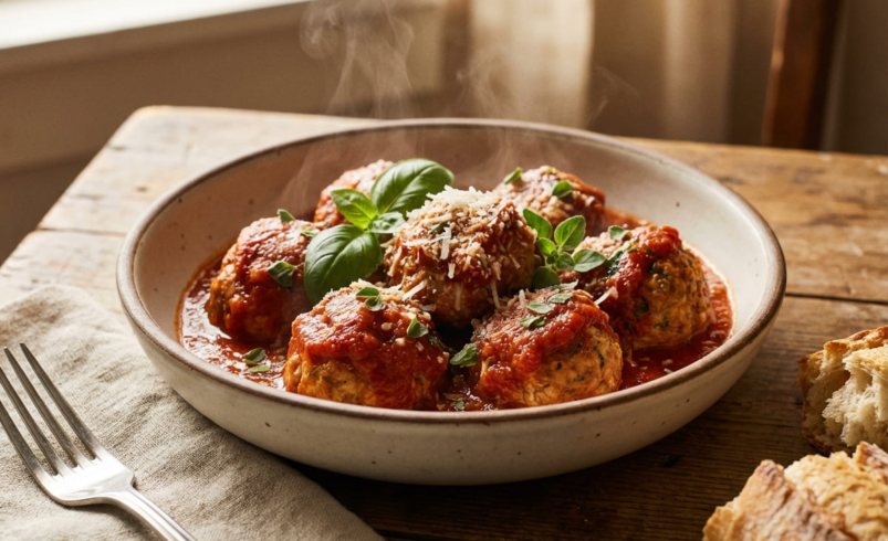 Plate of turkey meatballs with marinara for GLP-1 diet