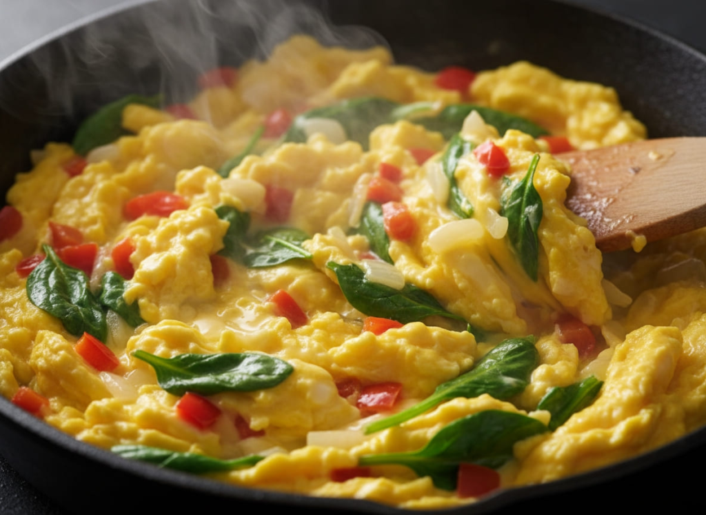 Veggie loaded scrambled eggs in pan