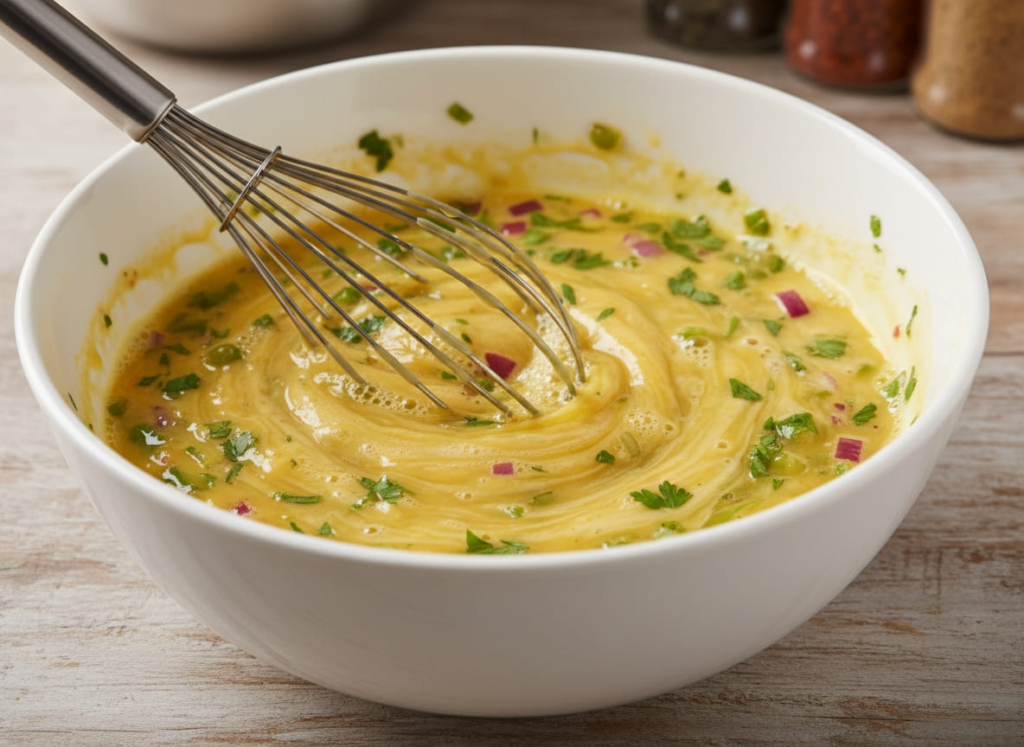 Mixing scrambled eggs in bowl