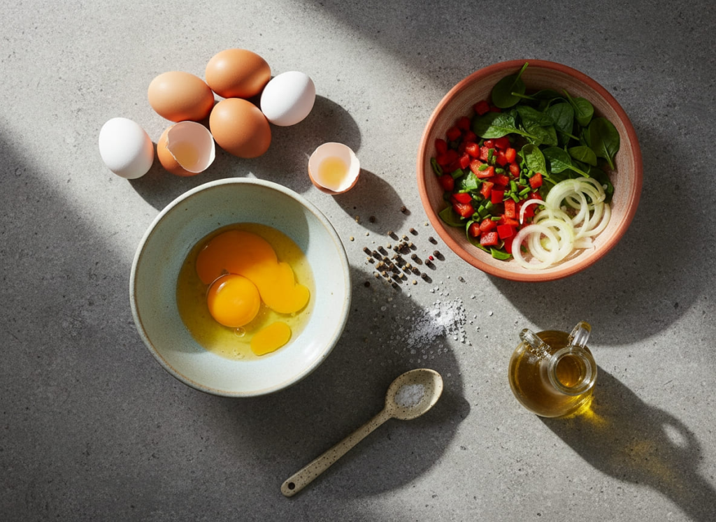 Ingredients for veggie scrambled eggs recipe