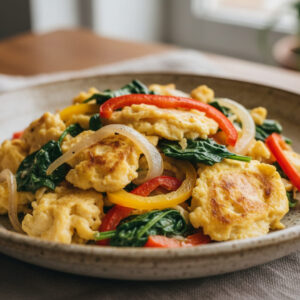 Scrambled eggs on plate for GLP-1 breakfast