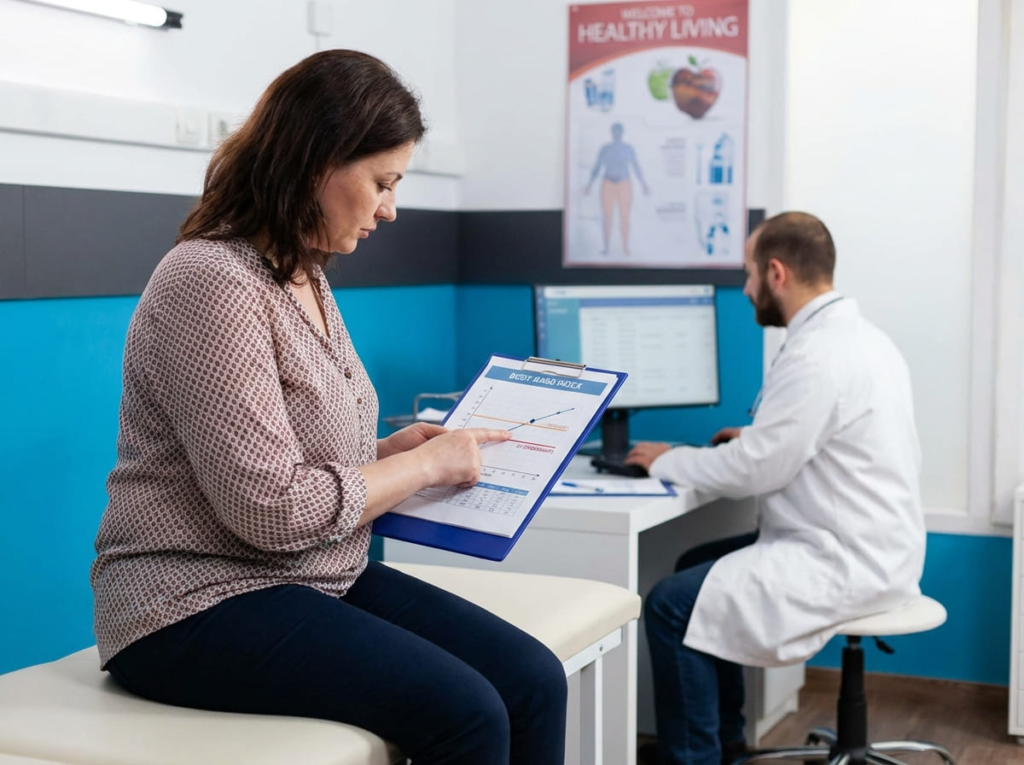 Woman looking at her BMI chart